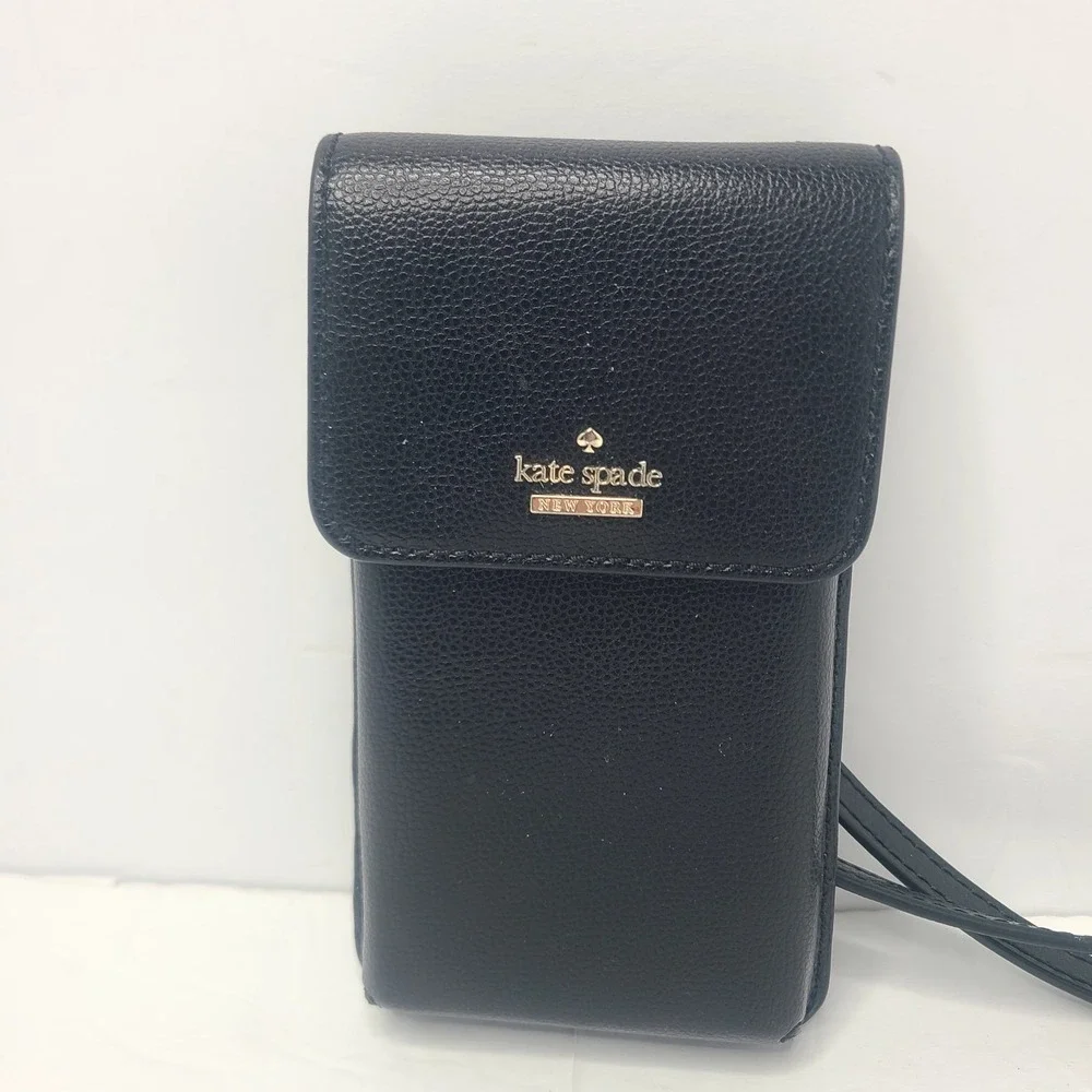 Kate Spade Leather Crossbody Madison North South Flap Phone Black Gold Hardware